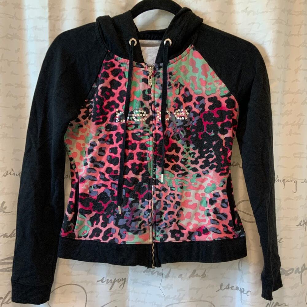 Vintage Bebe Y2K Pink Teal Leopard Rhinestone Zip Up Hoodie XS